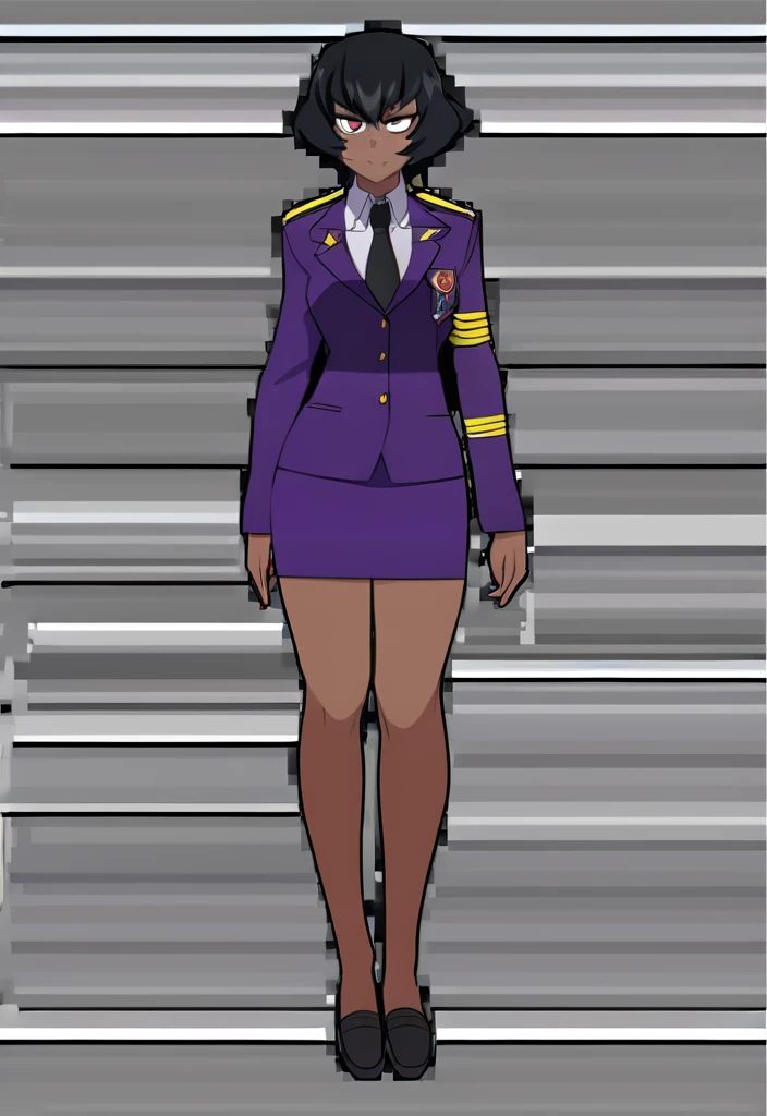 Make a evil military black anime woman in a purple skirt suit witha tie on full body