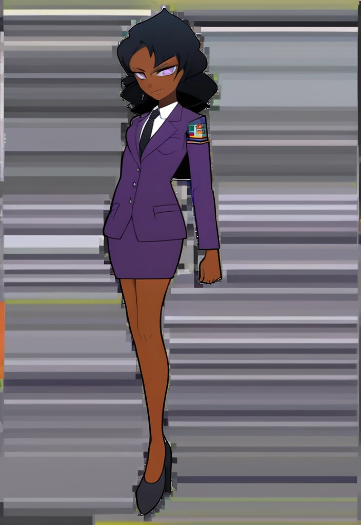 Make a evil military black anime woman in a purple skirt suit witha tie on full body
