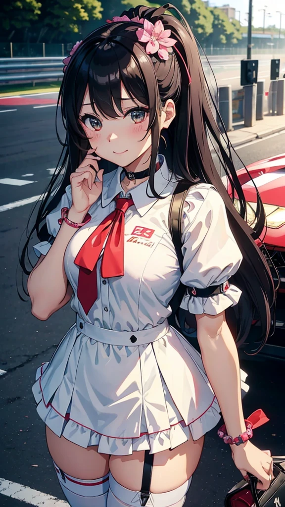 beauty,Mature,Sexy,Married Woman,Bangs,Brown curly hair,Big breasts,cleavage,Face red,Smile,lipstick,earrings,Inside the parking garage,Light rain,wet,Clothes are thin,sailor school uniform,reveal