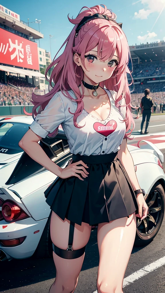 (Highest quality、High resolution、8K、masterpiece:1.2)。F1 キーサーキット場でレースクイーンを撮影しているMr.子。Being photographed by a large audience。(Race spectators 20:I am obsessed with photographing the race queen with my smartphone and SLR camera in hand.。Otaku。News reporter。normal person)、(Race Queen 1:FerrariF40に腰掛ける。Heart Eyes。Pink heart symbols fly around the face.。Put your hand on your cheek。Sexy pose。Glossy skin。Illuminated by strong lighting。unique hair ornaments。Mr.々Hair ornaments。mini skirt。Original Character。garter belt。blush。Looking up。choker。Disheveled Hair。Smiling。hair band)Increase line width。Combining light and shadow。(background:Has depth。Right in the middle of the Monaco F1 circuit。。racer。Motorsports。Ferrari。Hamilton、Mercedes。)Scattered hearts、Use something sexy。Depict the whole body。
