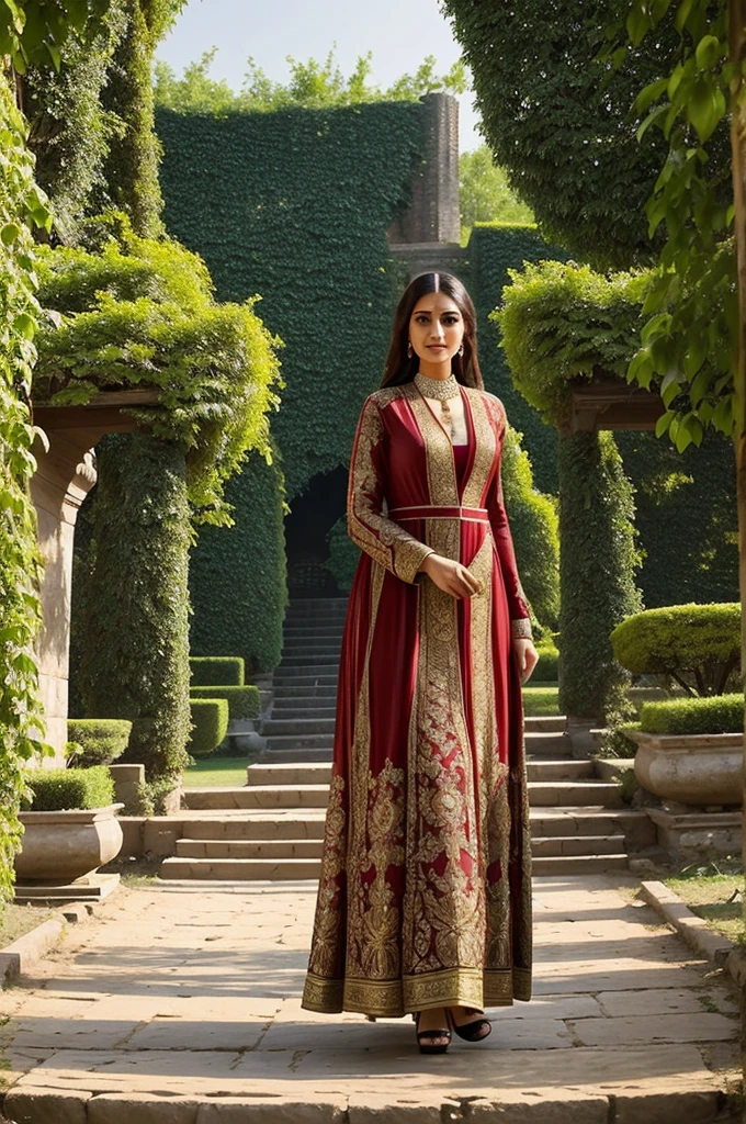 e "(A woman with a seductive body) wears a created image "(A woman with a seductive body) wears a luxurious chember dress and stands in the garden of the old palace of the money“Kashmir is luxurious dress and stands in the garden of the old palace of the money"