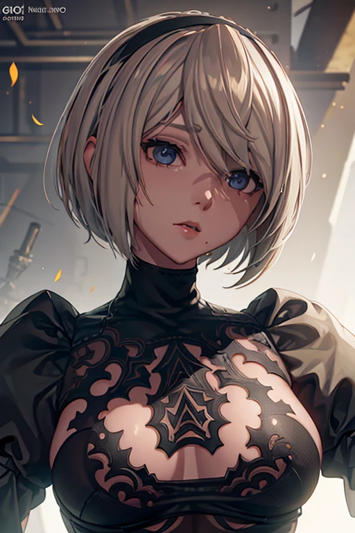 1 garota, 2B de Nier:Automata, olhando para o espectador, postura de luta, sem mascara no rosto, cinematic lighting, glowing light, silhouette, UHD, masterpiece, anatomically correct, textured skin, best quality, highres, best quality