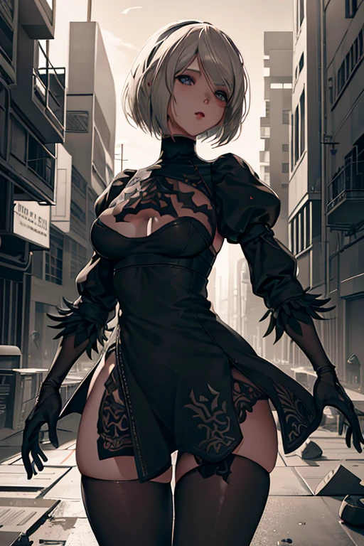 2b,Yoruhano. 2 Type B,Nier Automata,Perfect Face,One girl,Game Characters,((Blindfold:1.4)),(黒のBlindfold布_eyes covered), ((Highest quality)), ((masterpiece)),(detailed),High resolution,Sharp focus,(非常にdetailed CG unity 8k wallpaper),(((Vibrant colors))),{best illustration}, (Realistic eyes, Natural skin texture, Realistic facial details),(complete anatomy),Perfect Fingers, High resolution,Two-dimensional beautiful girl,Super Beauty,gleaming skin,Shiny silver hair, (Huge hips:1.1),(Huge breasts, Glamour:1.2), Short Bob Hair,Big Breasts,glamorous_expensive_Tight waist_Long legs,curve, hair band,mole under lips, erotic,Bold,露出度のexpensive服装,show 肌,Camel Toe,(erection of nipple), Micro Bikini,Put your hand on your cheek, rubbleの上にいる, Outdoor,
The End of the World,rubble,weed,There is a morning fog,deserted street,rubbleの山, (The view is from very close below:1.5), (open leg wide),sitting,
