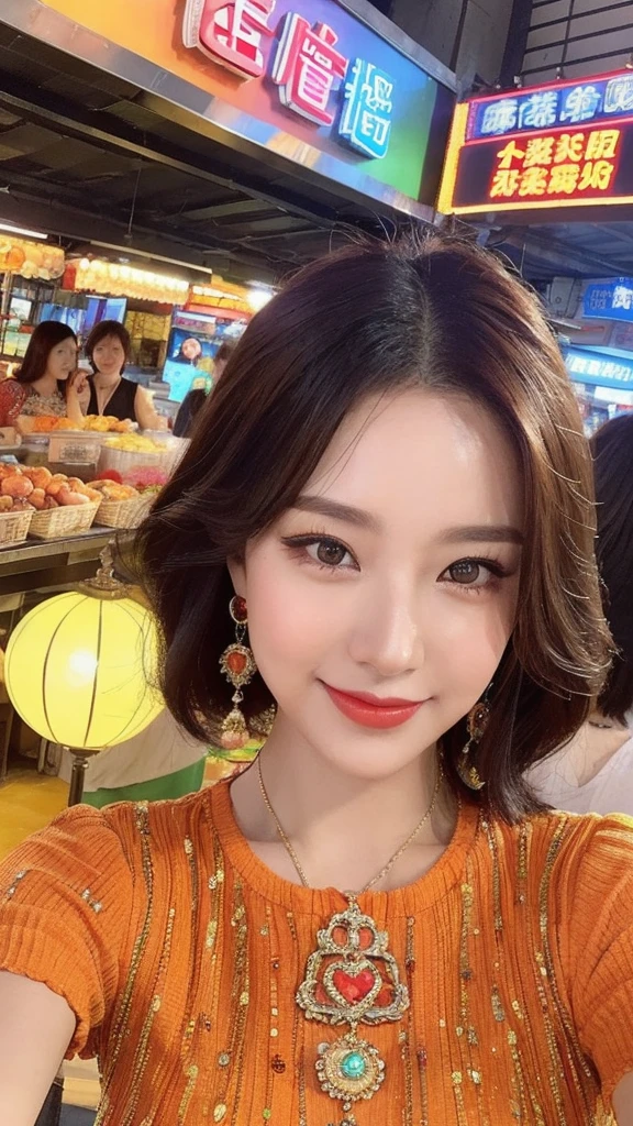 (lifelike, high resolution:1.3), close up,Chinese Beauty,The background is a bustling market,Bright Lights,Voices,Full of life。She wore a string of colorful glass beads around her neck.,Colorful。She has a stylish bob,A smile with a hint of kindness,The love for life shines in the eyes。She was wearing an orange ethnic-style top.,Wear with a pair of loose jeans,Looks stylish and has personality。In high definition image,Her image is like a living card,Shows the vitality and colorfulness of urban women。