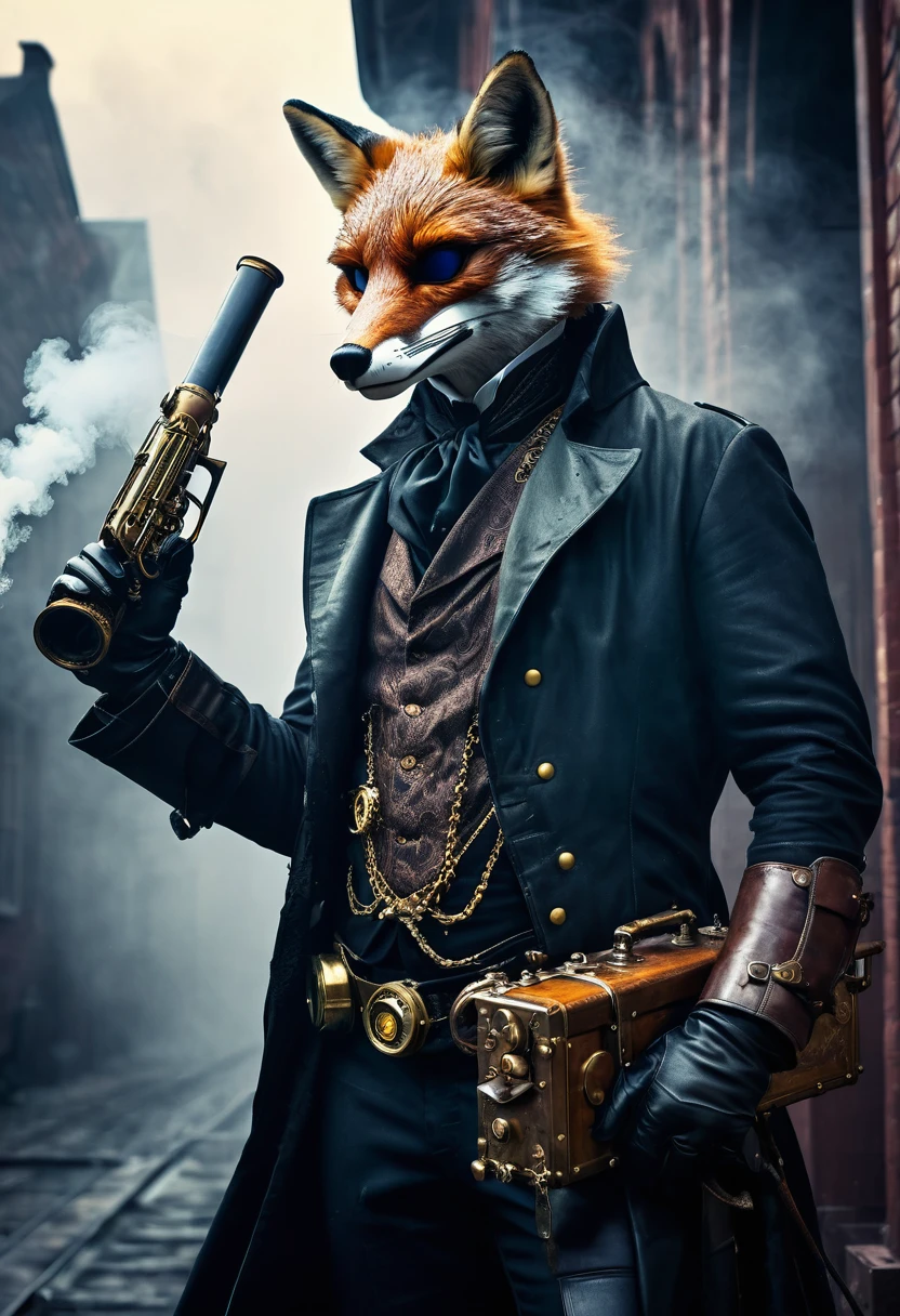 a victorian xix century, gaslamp fantasy style scene, steampunk detective with a glass mechanical arm, a broken fox mask covers half of its face. a giant three barrel steampunk brass shotgun resting on his shoulder, in a dynamic pose, leather outfit. Standing over a building edge, moody lighting, fog ethereal dramatic atmosphere, high contrast, cinematic, intricate details, ornate steampunk design, brass metal textures, glowing steam vents, mechanical gears, cogs, rivets, steam powered technology, chiaroscuro lighting, deep shadows, cool color tones, muted palette, photorealistic, 8k, ultra-detailed, best quality, masterpiece, ñ