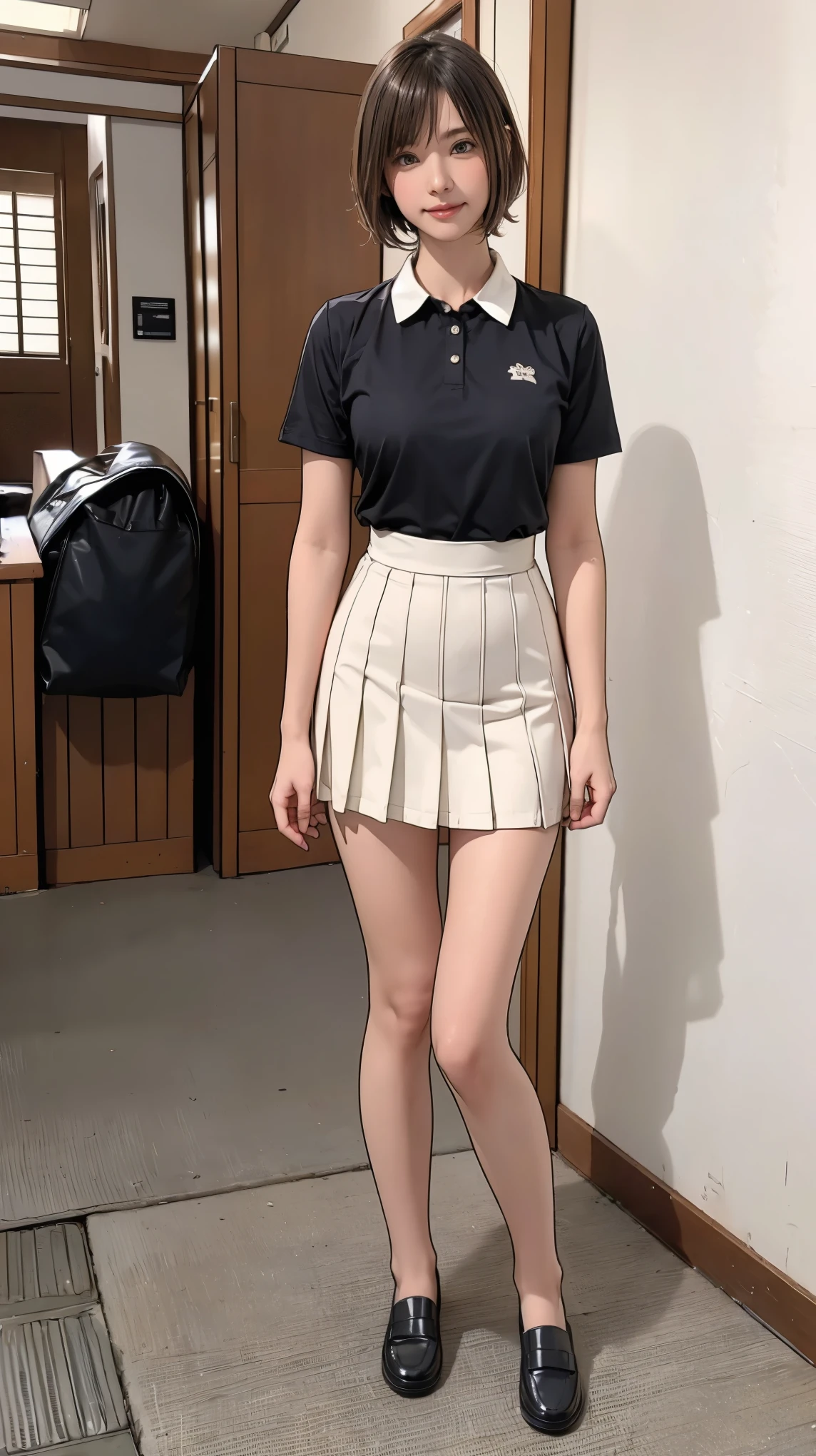 ((masterpiece)),(((Highest quality))),Thin thighs,Long legs,An 18-year-old woman standing on the steps of her school,Japan uniform:1.5,White camellia floral lace bra:1.5,open chest white shirt,The best smile,Short blonde hair:1.5,short side wave,Carrying a black backpack,Wear black loafers,