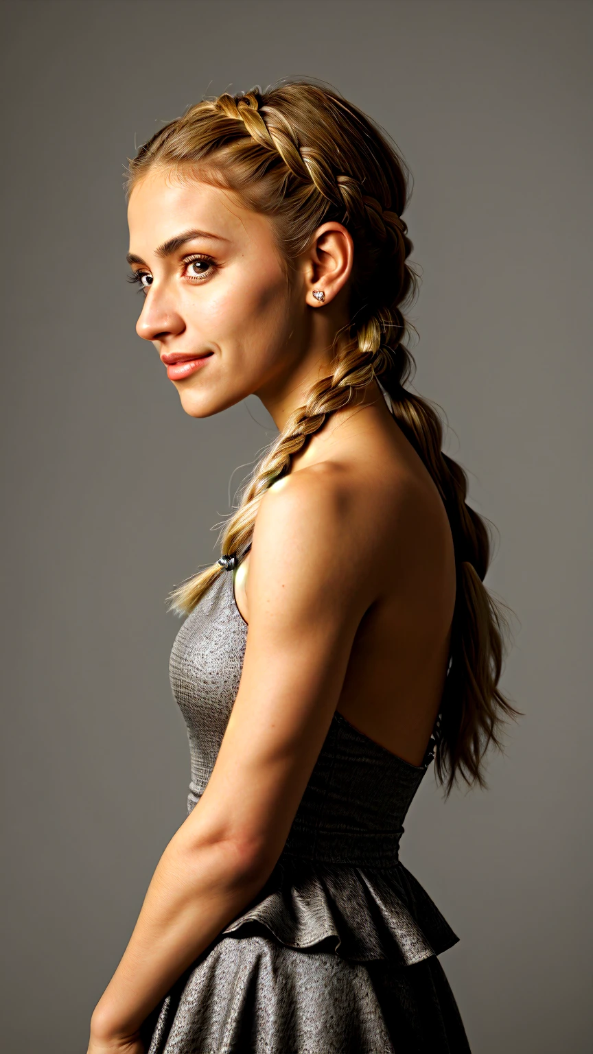 chiaroscuro portrait, high contrast, dramatic, Rembrandt lighting, close range of realistic photo of Giusy Meloni, focus on smiling face, side view wearing a peplum dress , her taupe color hair is styled as side braid hair, looking on camera,