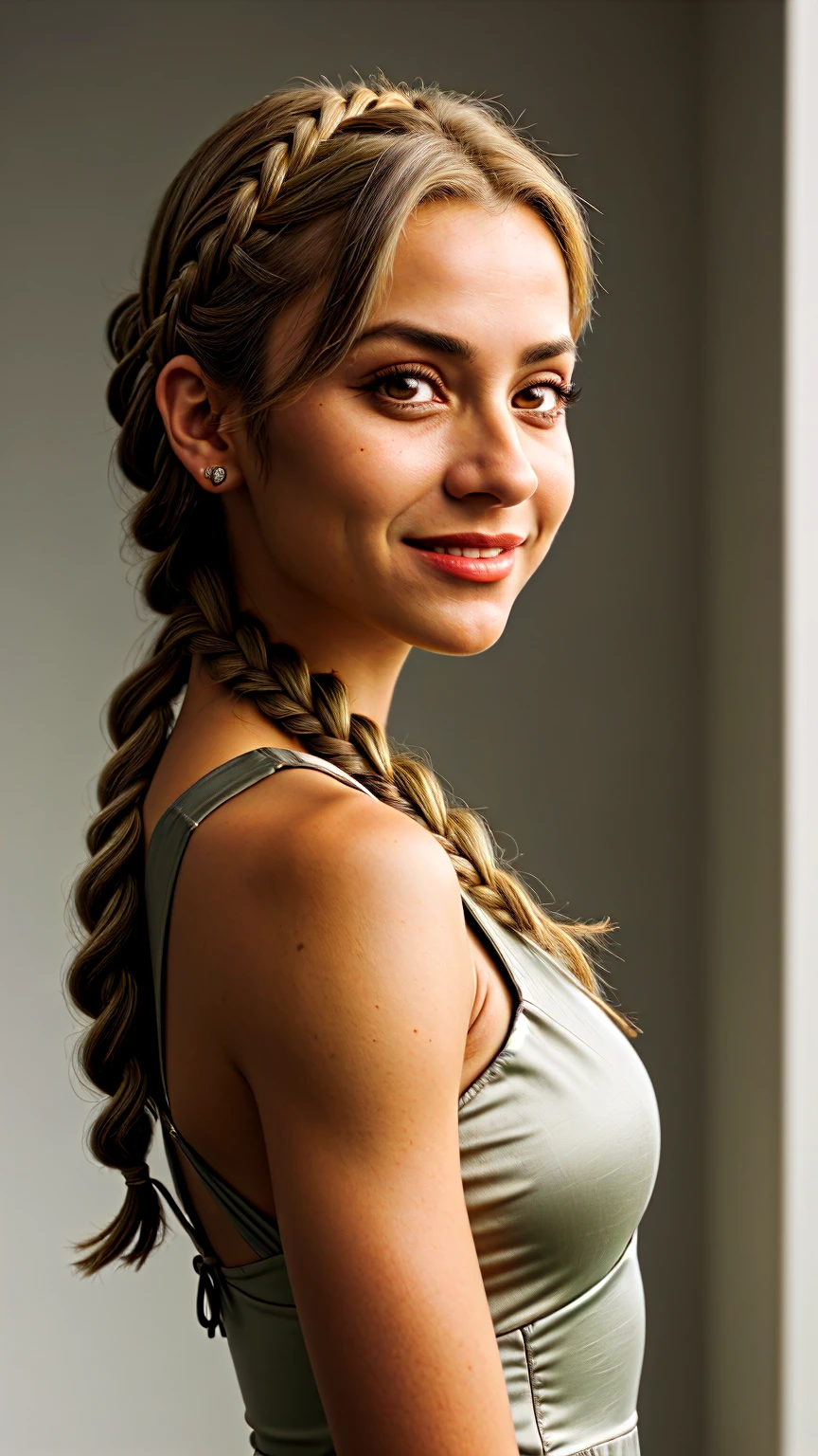 chiaroscuro portrait, high contrast, dramatic, Rembrandt lighting, close range of realistic photo of Giusy Meloni, focus on smiling face, side view wearing a peplum dress , her taupe color hair is styled as side braid hair, looking on camera, 