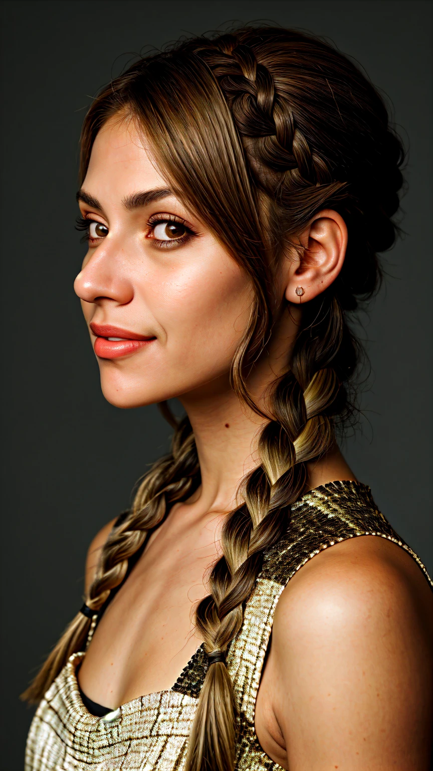 chiaroscuro portrait, high contrast, dramatic, Rembrandt lighting, close range of realistic photo of Giusy Meloni, focus on smiling face, side view wearing a peplum dress , her taupe color hair is styled as side braid hair, looking on camera, 