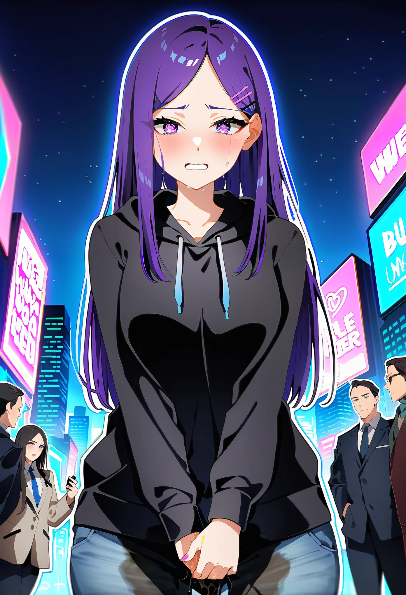 (masterpiece:1.37), best quality, (extremely detailed:1.37), woman, (mature:1.5), (adult:1.5), large breasts, very long hair, (straight hair:1.5), dark purple hair, purple eyes, (extremely detailed eyes:1.37), hoodie, jeans, desperation, (wetting self:2.0), standing, embarrassed, humiliation, blushing, angry, city, futuristic, neon lighting, high-tech, street