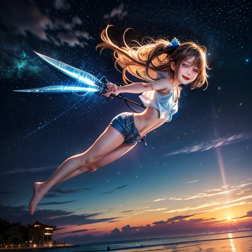 ((ExtremelyDetailed ( KAWAII Girl flying with Jet blade:1.37) in WHITE at Dusk Enoshima Beach)), (masterpiece 8K TopQuality) (ProfessionalPhoto:1.37), {(Standing Full Body:1.2)|(from below:1.2)}, Different types of hair colors, {(White skinny(School Swimwear))|(SchoolUniform with micro shorts)}, {Detailed Childish hand|Hidden hand|Armpit|Different types of breasts of various sizes from HUGE to FLAT|(Clearly Visible the shape of Butt)}, Joyful Expressions LifeLike Rendering, PerfectLighting, Dazzling Horizon, (Starry IridescentParticles:1.32) ColorfulClouds