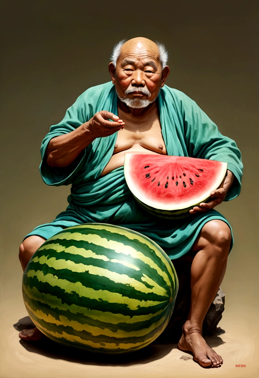 Ancient painting of a person sitting on a stone,Watermelon in hand, An old man, Chiba Yudai,Real People,The facial features are obvious(Fat and big bare belly)Solid color background