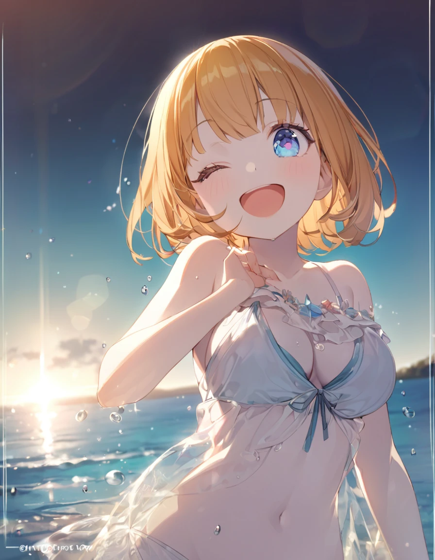 A cute girl in a swimsuit(original bikini swimsuit)(Small body) (:1.5), (blonde:1.5)(eyelash:1.2)(eye shadow:1.3) (Blue eyes:1.5), (Beautiful fine details:1.4) (Short Bob Hair:1.4), (Blue eyes)(Big Breasts:1.3) (White skin:1.2)Height: 130cm, original character, Fantasy, View Viewer Art: (A girl with beautiful deep eyes. The depth of field in the photo is perfect、Lens flares create a nice atmosphere. The details of her face really stand out, This photo definitely gets a 10 or more.. background, There is a beautiful sea with crystal clear water and water droplets floating on the surface. Laughing happily