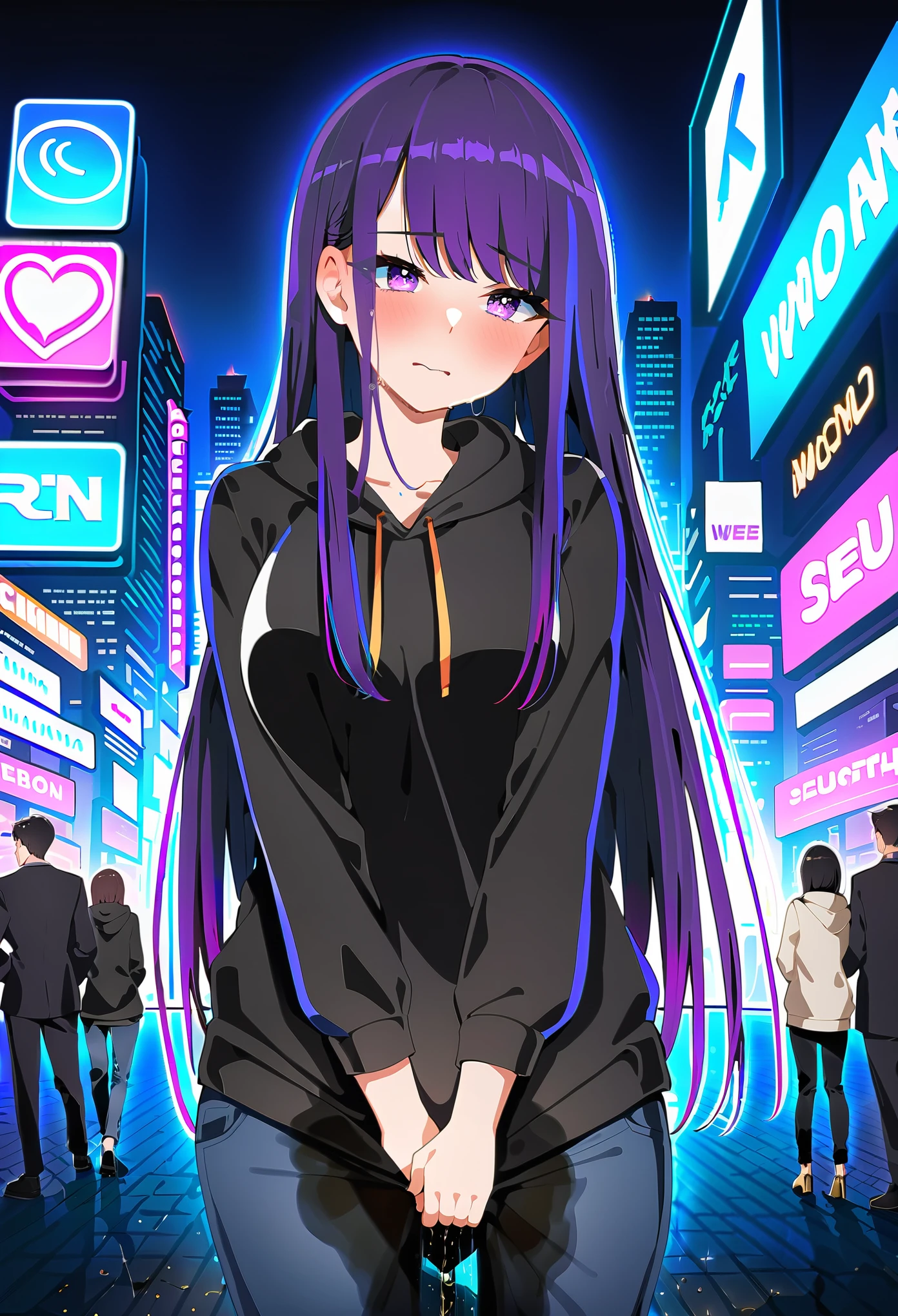 (masterpiece:1.37), best quality, (extremely detailed:1.37), woman, (mature:1.5), (adult:1.5), large breasts, very long hair, (straight hair:1.5), dark purple hair, purple eyes, (extremely detailed eyes:1.37), hoodie, jeans, desperation, (wetting self:2.0), standing, embarrassed, humiliation, blushing, angry, city, futuristic, neon lighting, high-tech, street