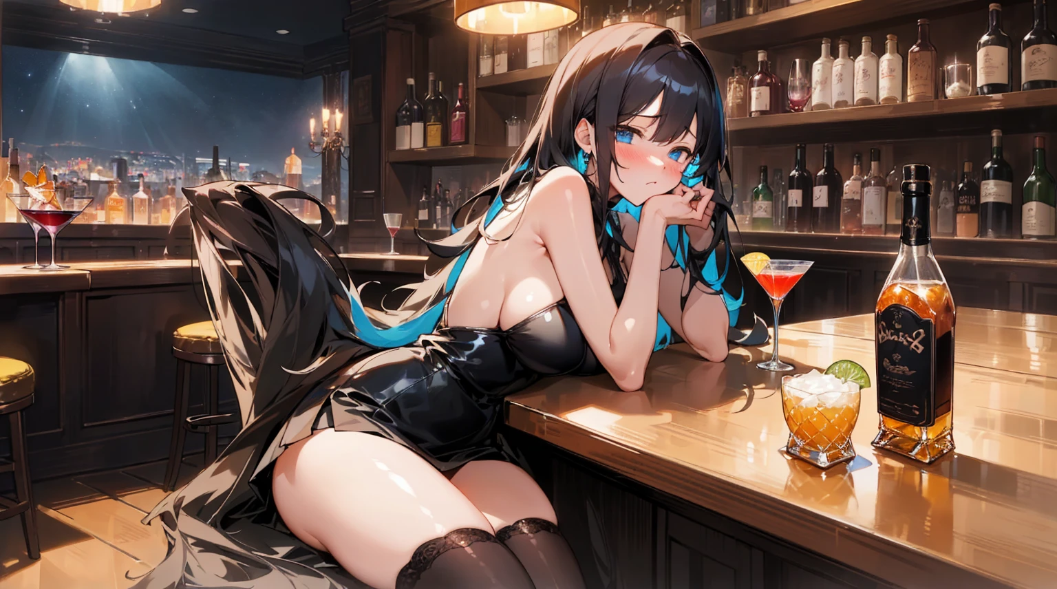 best quality, 4K, high resolution, masterpiece:1.2, Extremely detailed),Sad expression looking at the camera,Large Breasts,30 years old girl,独奏,black hair,long hair,blue eyes,(drunk,blush),sitting,drinking,((Mature sexy body)),Black stockings,Black tight skirt, Mature sexy body,holding mug,counter,pub,(Fashion bar) indoors, ((Cocktail Glass) Full of colorful wine), (dimly light room), Wine Bottle, Detailed background,Fluffy hair,((((Night scene background))))), (((at the bar))), wine, whiskey, High ball,(Shiny and glowing, Effect:1.2)