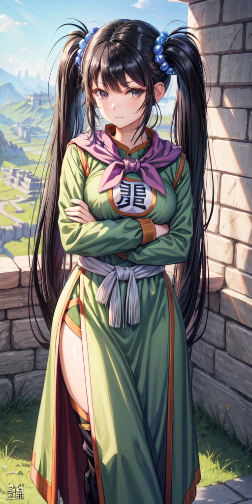 masterpiece, best quality, 4k, 8k, fighter (dq3), 1girl, solo, long hair, twintails, looking at viewer, black hair, hair ornament, long sleeves, dress, medium breasts, closed mouth, cowboy shot, black eyes, chinese clothes, hair bobbles, clenched hand, crossed arms, Feet Apart, Ancient Castle