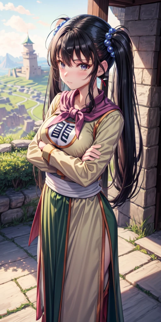 masterpiece, best quality, 4k, 8k, fighter (dq3), 1girl, solo, long hair, twintails, looking at viewer, black hair, hair ornament, long sleeves, dress, medium breasts, closed mouth, cowboy shot, black eyes, chinese clothes, hair bobbles, clenched hand, crossed arms, Feet Apart, Ancient Castle