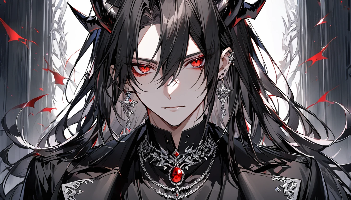 alone, good looking, 1 male, Long hair, Middle parted hair, Black hair, Red eyes, Black shirt, White Thailand, Black Trench Coat, Royal Silver Jewellery, Royal Demon Earrings, Black horns, Front Facing, Vtuber Front Facing Camera