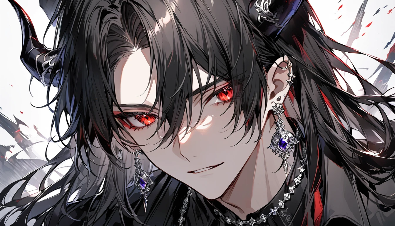 alone, good looking, 1 male, Long hair, Middle parted hair, Black hair, Red eyes, Black shirt, White Thailand, Black Trench Coat, Royal Silver Jewellery, Royal Demon Earrings, Black horns, Front Facing, Vtuber Front Facing Camera