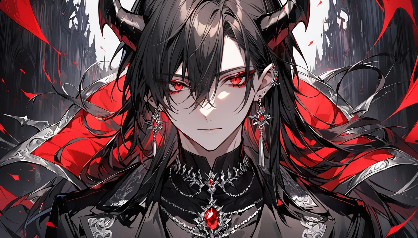 alone, good looking, 1 male, Long hair, Middle parted hair, Black hair, Red eyes, Black shirt, White Thailand, Black Trench Coat, Royal Silver Jewellery, Royal Demon Earrings, Black horns, Front Facing, Vtuber Front Facing Camera