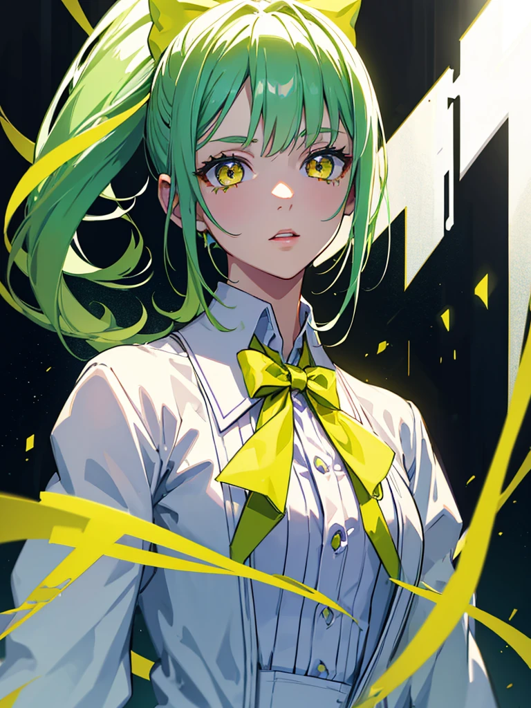 1girl,9 year old girl,green hair,yellow eyes,ponytail,white suit,green overall,Purple bow tie,upper body,hyper detailed,cinematic lighting,highly detailed facial features,extremely detailed eyes,beautiful detailed lips,beautiful detailed nose,best quality,masterpiece