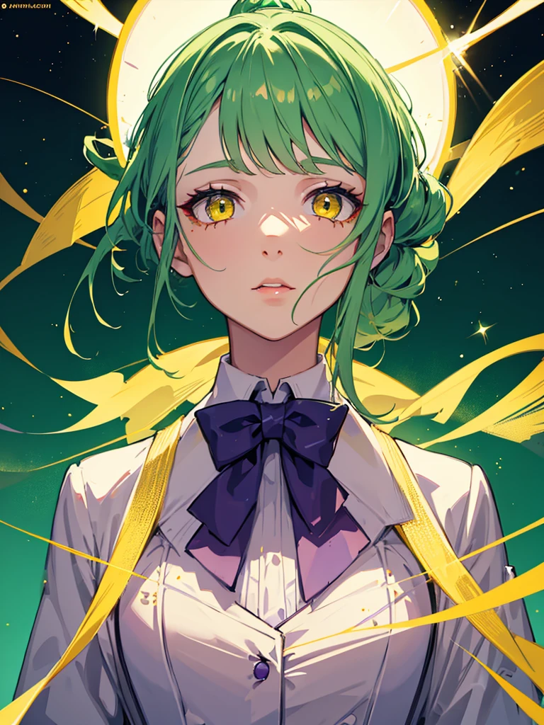 1girl,9 girl,green hair,yellow eyes,ponytail,white suit,green overall,Purple bow tie,upper body,hyper detailed,cinematic lighting,highly detailed facial features,extremely detailed eyes,beautiful detailed lips,beautiful detailed nose,best quality,masterpiece