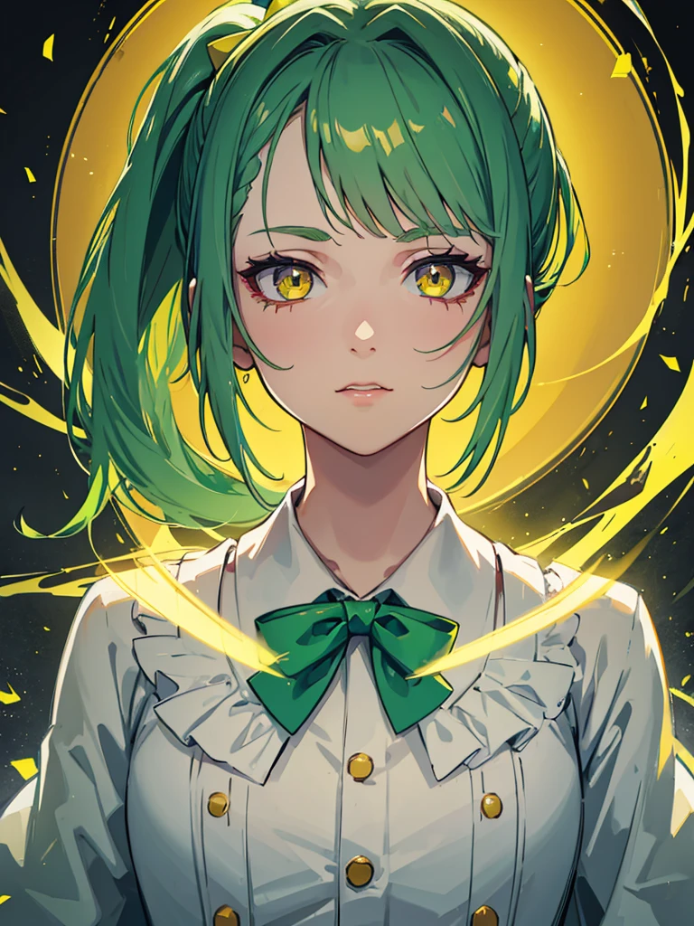 1girl,9 year old girl,green hair,yellow eyes,ponytail,white suit,green overall,Purple bow tie,upper body,hyper detailed,cinematic lighting,highly detailed facial features,extremely detailed eyes,beautiful detailed lips,beautiful detailed nose,best quality,masterpiece