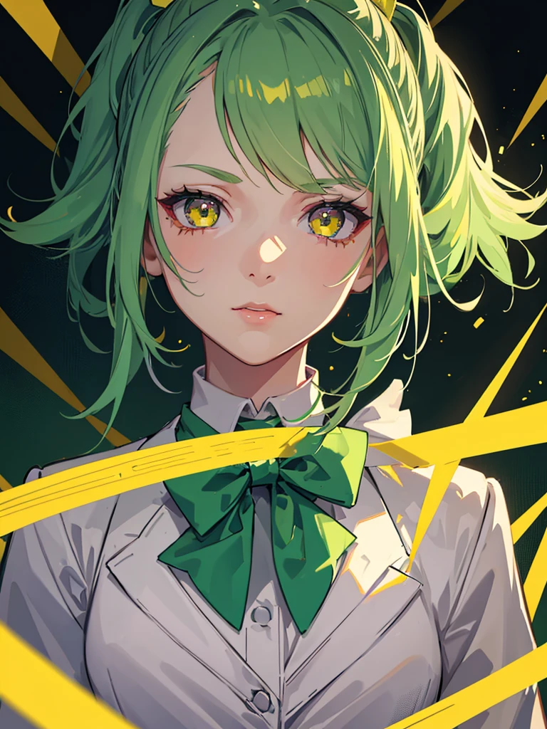 1girl,9 year old girl,green hair,yellow eyes,ponytail,white suit,green overall,Purple bow tie,upper body,hyper detailed,cinematic lighting,highly detailed facial features,extremely detailed eyes,beautiful detailed lips,beautiful detailed nose,best quality,masterpiece