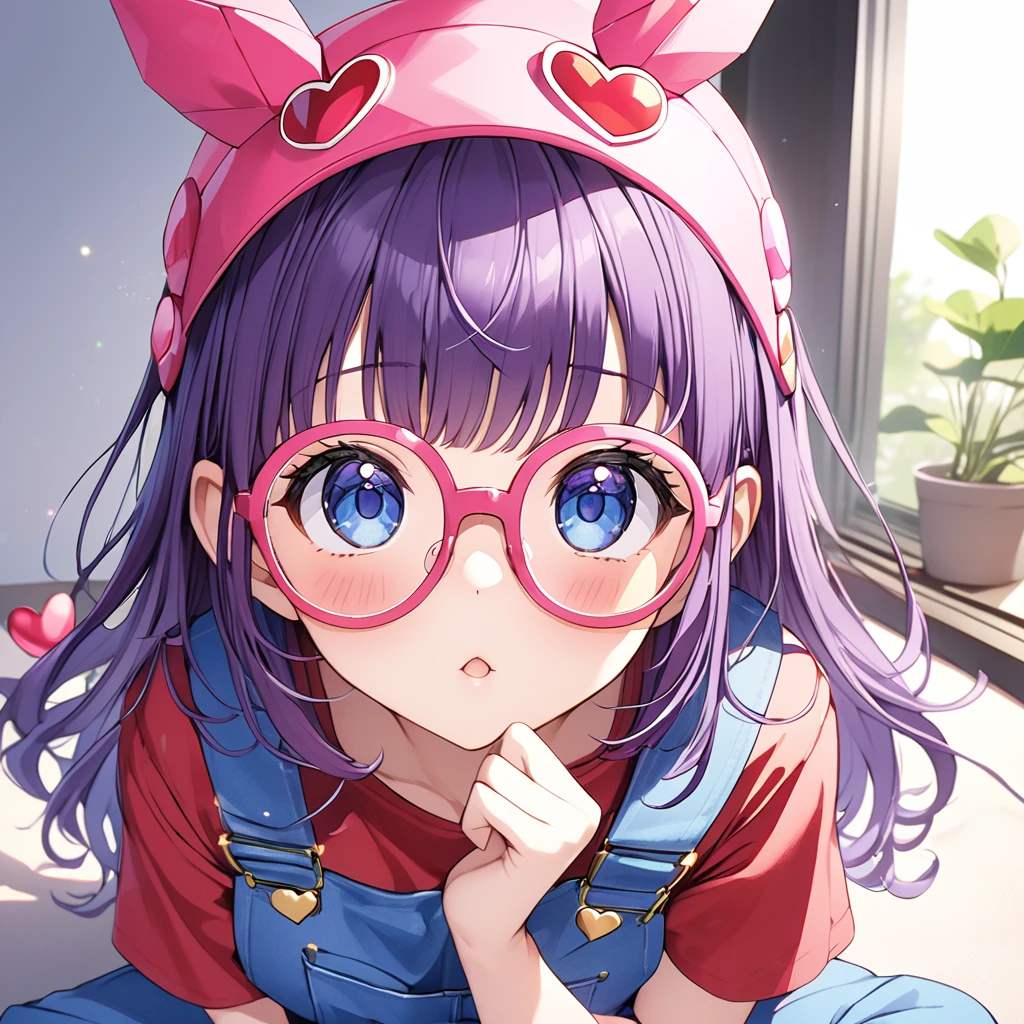 Front facing the viewer、masterpiece, Highest quality, so beautiful, Absurd, One girl, Heart shaped frame glasses:1.3, (Big pink heart shaped glasses, Transparent polygonal cutout beads and glitter), ds-Norimakiarare, Purple Hair, Long Hair, blue eyes, Pink framed glasses Pink hat, Winged hat, ds-Norimakiarare outfit, Red Shirt, Blue Overalls, yellow socks, Blue shoes, Face close-up