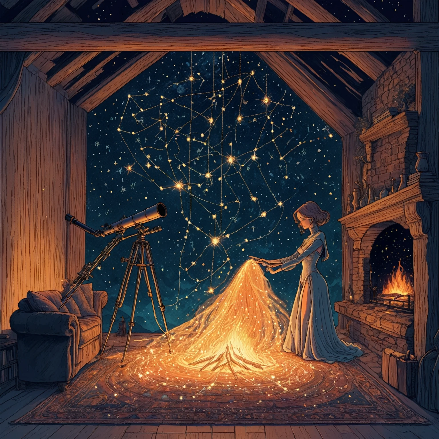 illustrate line drawing, perfection, nuanced, mastercraft, timeless ethereal wizard (our wizard resembles amalgumation of lesser known 2000s era pop divas) she is pulling strings of lights, tapestry of stars in space and time, stars in cosmos, setting tapestry of cosmic star constellations, in wodden nook, fireplace, warm fire tones underneath sprawling cosmos, telescope