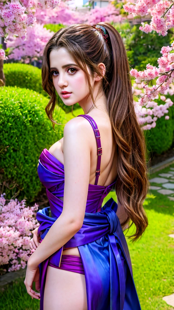 ((front view)), Laura Marano (wearing a small kimono)，cherry trees in background, big breasts, huge cleavage, photoreal render，high contrast image, rendering by octane，zbrush。character design，realisticlying，unreal-engine，ultra - detailed，concept-art，trends in art station。 ((best quality)), ((masterpiece)), ((realistic)), (detailed), (brown eyes:1.2), highly detailed skin and hair, Fantasy art，stunning gradient colors，detailed back ground，extremely detaile, tmasterpiece)，HDR,,