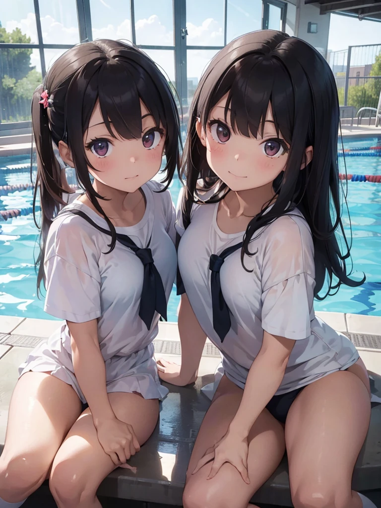 ((Highest quality)), ((masterpiece)), (detailed),Perfect Face,Strong light from the front,With front light,Two naked middle school sisters spread their legs in the school pool and show the camera a close-up of their crotches,