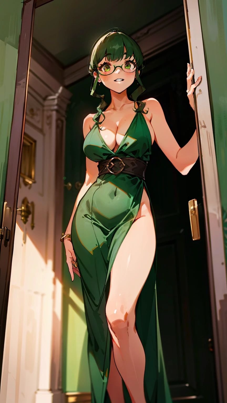  (Masterpiece), Best Quality, ultra-detailed, perfect hands, perfect legs, 1girl (anosillus II, Slender and sexy body, Big and pretty breasts, naked body, ,  dark green hair, green eyes, spectacles), wicked smile,  parted lips, facing viewer, looking at viewer, ,  solo, black opera dress, ornate dress,cleavage, bows, long dress, in the  mansion, standing,Open  the  door, Sexy waist teasing , from_below 