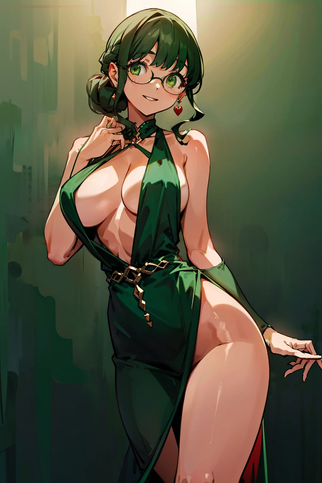  (Masterpiece), Best Quality, ultra-detailed, perfect hands, perfect legs, 1girl (anosillus II, Slender and sexy body, Big and pretty breasts, naked body, ,  dark green hair, green eyes, spectacles), wicked smile,  parted lips, facing viewer, looking at viewer, ,  solo, black opera dress,cleavage, bare shoulders,  long dress, in the  mansion, standing, Sexy waist teasing , from_below 