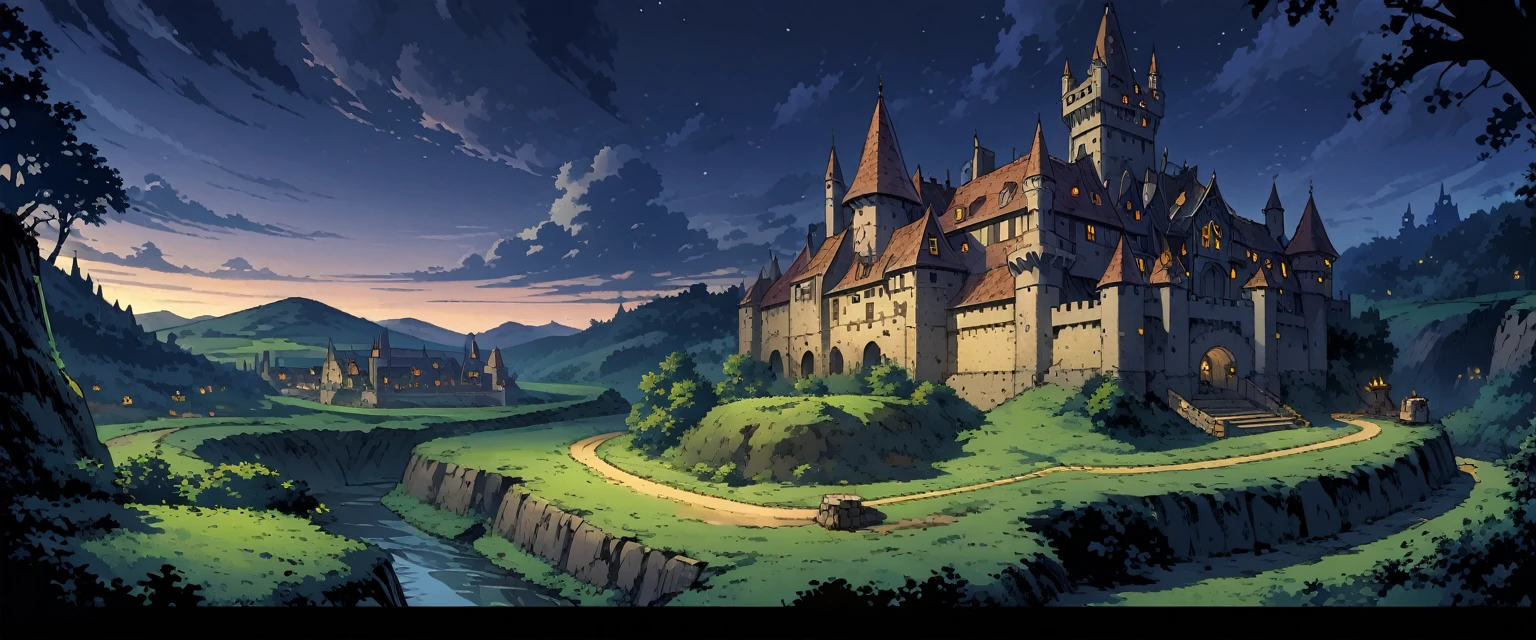 A European medieval castle on a hill,There is a moat around it,Beautiful environment。night,Night view。Mid-ground composition,Panorama pictures,Scene screen,Game concept art style,Anime illustration style,HD,4K。