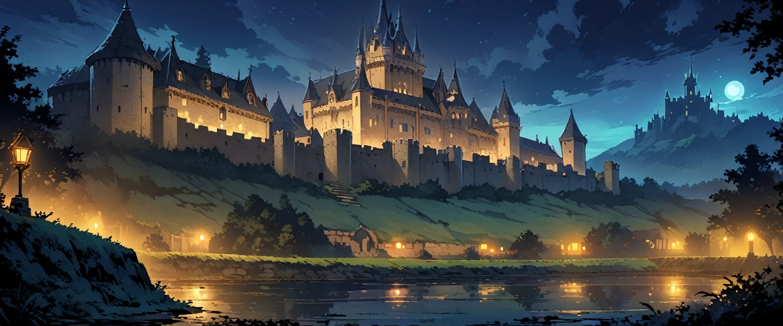 A European medieval castle on a hill，There is a moat around it，Beautiful environment。night，Night view。Mid-ground composition，Panorama pictures，Scene screen，Game concept art style，Anime illustration style，HD，4K。