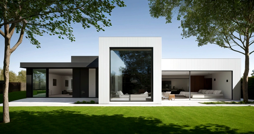 Modern minimalist architecture: The house will have a simple form, minimalist colors such as white, gray or natural wood. The clean lines are designed to create a feeling of neatness, modernity and harmony with the surrounding nature.
Windows and doors: Use many large windows to optimize natural brightness and the surrounding landscape. The entrance door will be designed to expand to connect the house with the outdoor space.
Garden and trees: Around the house there is a spacious garden, planted with trees to create shade and fresh air. Trees such as apple trees, orange trees, or green leaf trees can be used to add aesthetics and comfort to the space.
Simple and comfortable interior: Inside, the interior will be designed in a simple, modern style with natural materials such as wood and stone. Use simple but fully furnished furniture suitable for modern rural lifestyle.
Harmonious connection with nature: The house design will be optimized to make the most of the landscape and surrounding space, creating a harmonious and relaxing living environment., Photorealistic, 8k, ultra high res