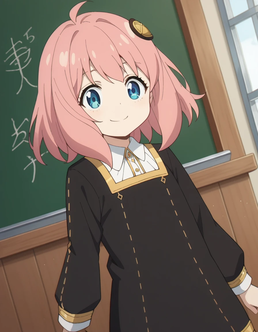 score_9, score_8_superior, score_7_superior, sauce_anime,
Anya Forger, Anya Forger, Anya Forger, bangs, Blue eyes, Pink Hair, Ahoge, hair ornaments, Hair Pod, , woman , smile,
Long sleeve, dress, , socks, black dress, Eden Academy ,
indoor, classroom,
View your viewers, Cowboy Shot, Dutch Angle,Face close-up、