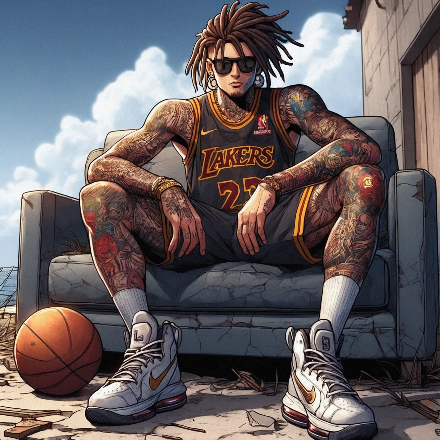 arafed image of a man sitting on a couch with a basketball ball, official artwork, nba, official art, james lebron, wearing nba jersey, inked and colored, album art, basketball sneaker concept art, slam dunk, profile shot, by Eddie Mendoza, chief keef, wiz khalifa, badass look, john liberto, fanart, fan art, scence of slam dunk