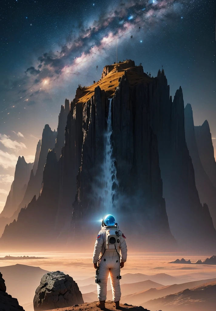 An astronaut stands in awe, gazing up at a colossal mountain that looms majestically in front of them on the Martian surface. The scene is bathed in the soft, ethereal glow of a starry night sky, with countless stars casting their light over the barren, rocky landscape. The mountain, with its rugged and imposing features, rises high into the sky, its peak disappearing into the darkness.
The astronaut's suit, faintly illuminated by the lights from their helmet, adds a touch of human presence to the vast, alien terrain. Scattered rocks and stones lie at their feet, while the gentle slopes and sheer cliffs of the mountain create a dramatic backdrop. The atmosphere is peaceful and contemplative, capturing the profound beauty and solitude of the Martian night as the astronaut stands still, taking in the grandeur of the towering mountain before them.