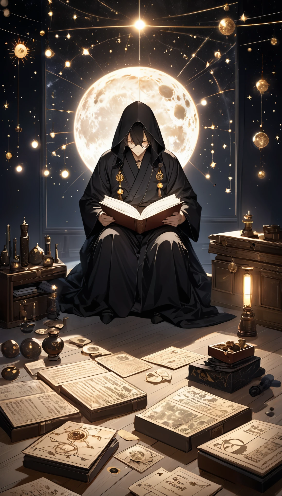 best quality, super fine, 16k, 2.5D, delicate and dynamic depiction, dark astrologer, wearing heated robe and only shadow of his face is visible, sits on the floor and begins to read fortunes, dimly lit room filled with large number of astrological tools, mysteriously glowing horoscope, moon, sun, stars, constellations, mysteriously sinister effects