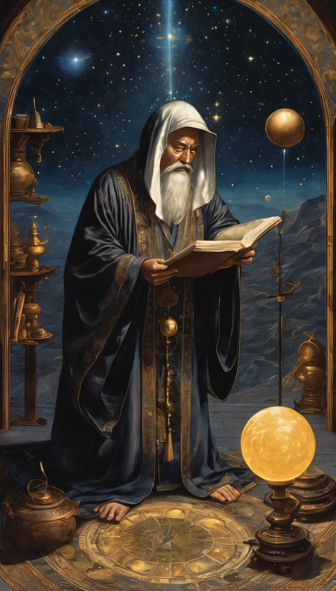 best quality, super fine, 16k, 2.5D, delicate and dynamic depiction, dark astrologer, wearing heated robe and only shadow of his face is visible, sits on the floor and begins to read fortunes, dimly lit room filled with large number of astrological tools, mysteriously glowing horoscope, moon, sun, stars, constellations, mysteriously sinister effects