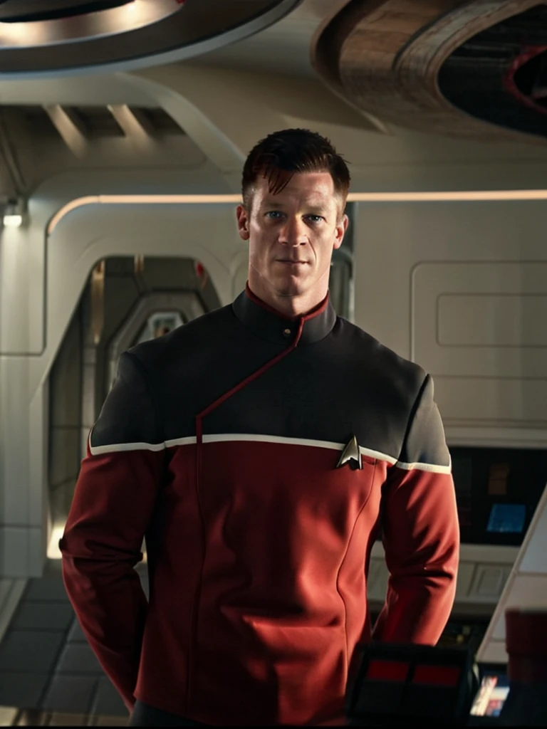 John cena in red sttldunf uniform,on starship bridge, bright lighting, neutral expression