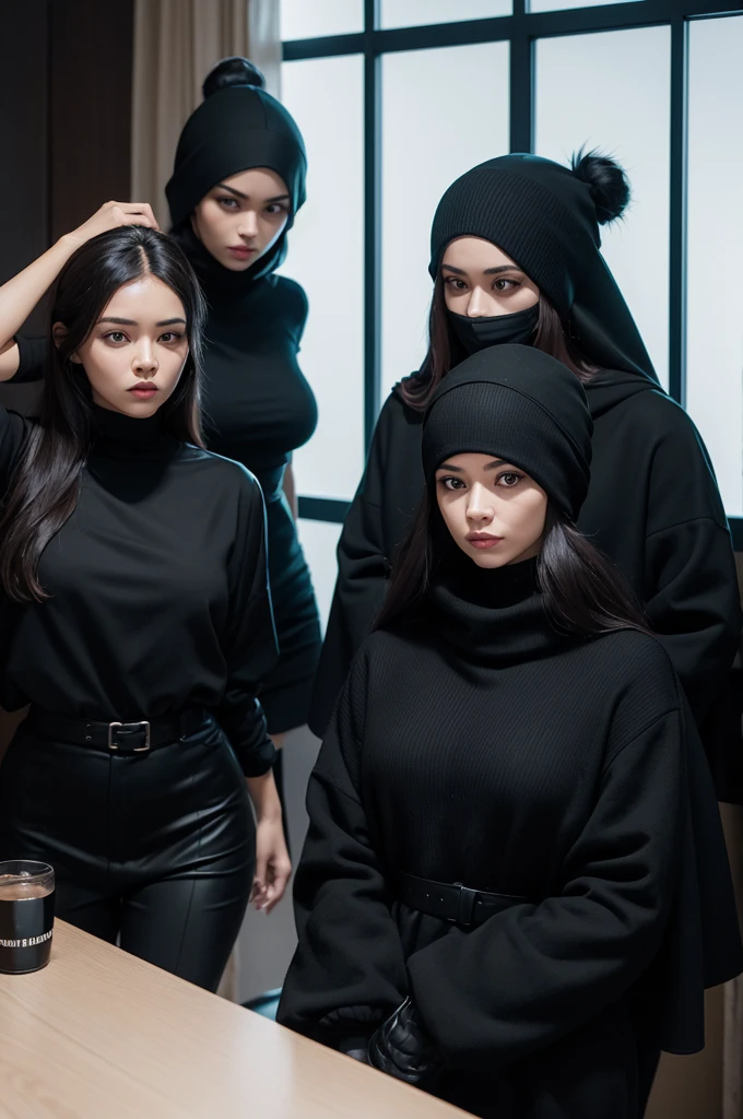 three women in black balaclavas and black blouses, rob a bank 