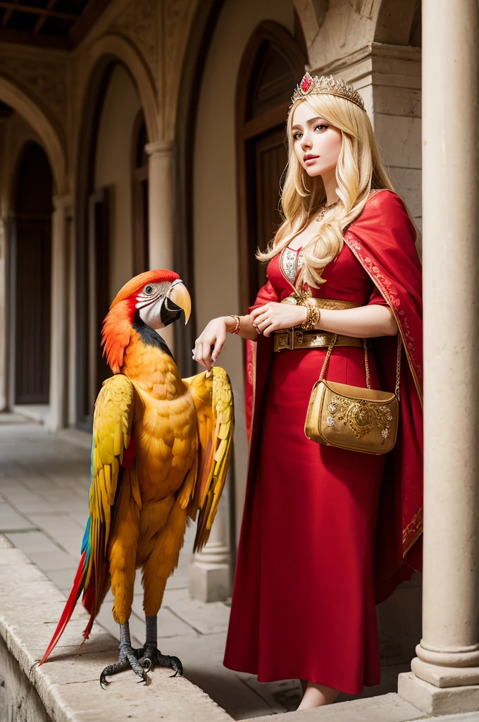 Blonde Turkish princess holding a red macaw 
