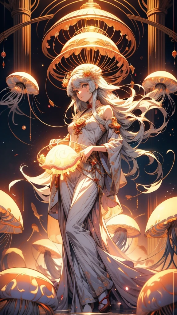 Anime girl in a white dress floating inside a jelly-like body, Jellyfish Shrine Maiden, Jellyfish Shrine Maiden, Jellyfish God, Jellyfish Shrine Maiden 8k, Albedo from the anime overlord, Albedo from overlord, Albedo, UFOTABLE art style, Ethereal Anime, Official Anime Artwork, Anime Art Nouveau Space Display