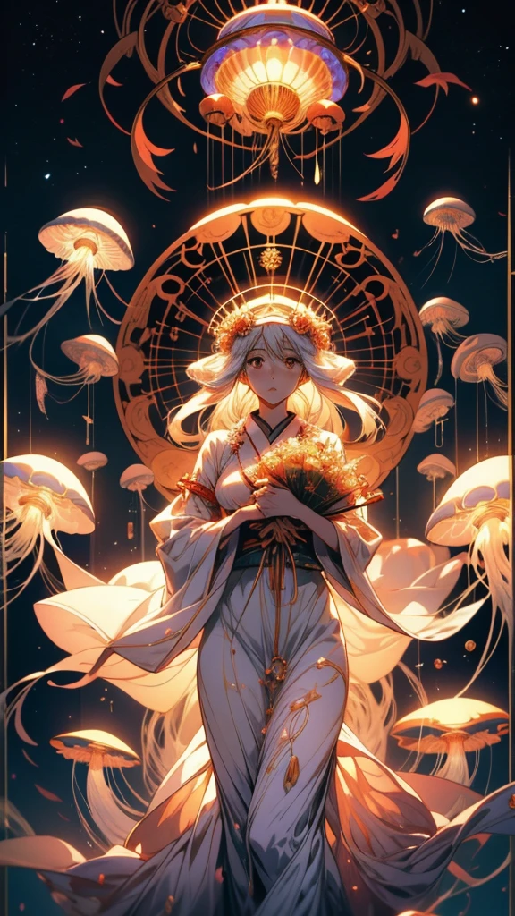 Anime girl in a white dress floating inside a jelly-like body, Jellyfish Shrine Maiden, Jellyfish Shrine Maiden, Jellyfish God, Jellyfish Shrine Maiden 8k, Albedo from the anime overlord, Albedo from overlord, Albedo, UFOTABLE art style, Ethereal Anime, Official Anime Artwork, Anime Art Nouveau Space Display