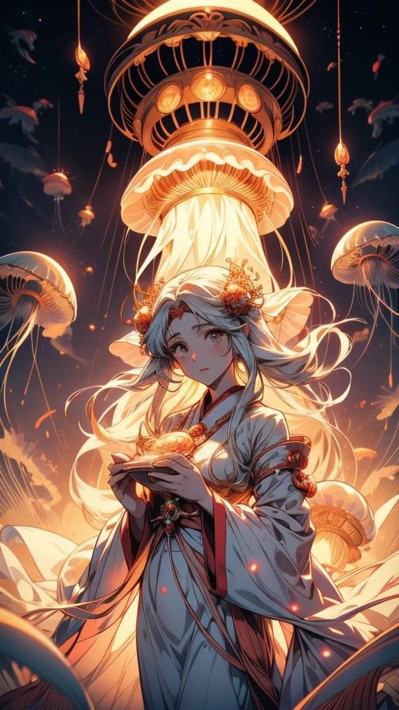 Anime girl in a white dress floating inside a jelly-like body, Jellyfish Shrine Maiden, Jellyfish Shrine Maiden, Jellyfish God, Jellyfish Shrine Maiden 8k, Albedo from the anime overlord, Albedo from overlord, Albedo, UFOTABLE art style, Ethereal Anime, Official Anime Artwork, Anime Art Nouveau Space Display