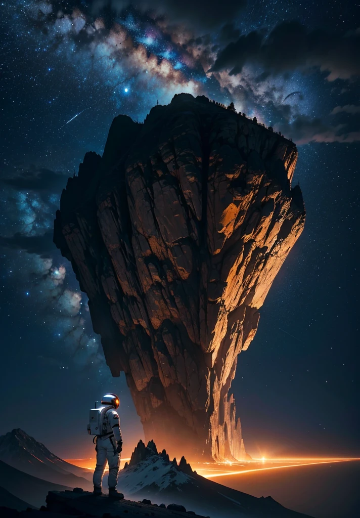 An astronaut stands in awe, gazing up at a colossal mountain that looms majestically in front of them on the Martian surface. The scene is bathed in the soft, ethereal glow of a starry night sky, with countless stars casting their light over the barren, rocky landscape. The mountain, with its rugged and imposing features, rises high into the sky, its peak disappearing into the darkness.
The astronaut's suit, faintly illuminated by the lights from their helmet, adds a touch of human presence to the vast, alien terrain. Scattered rocks and stones lie at their feet, while the gentle slopes and sheer cliffs of the mountain create a dramatic backdrop. The atmosphere is peaceful and contemplative, capturing the profound beauty and solitude of the Martian night as the astronaut stands still, taking in the grandeur of the towering mountain before them.