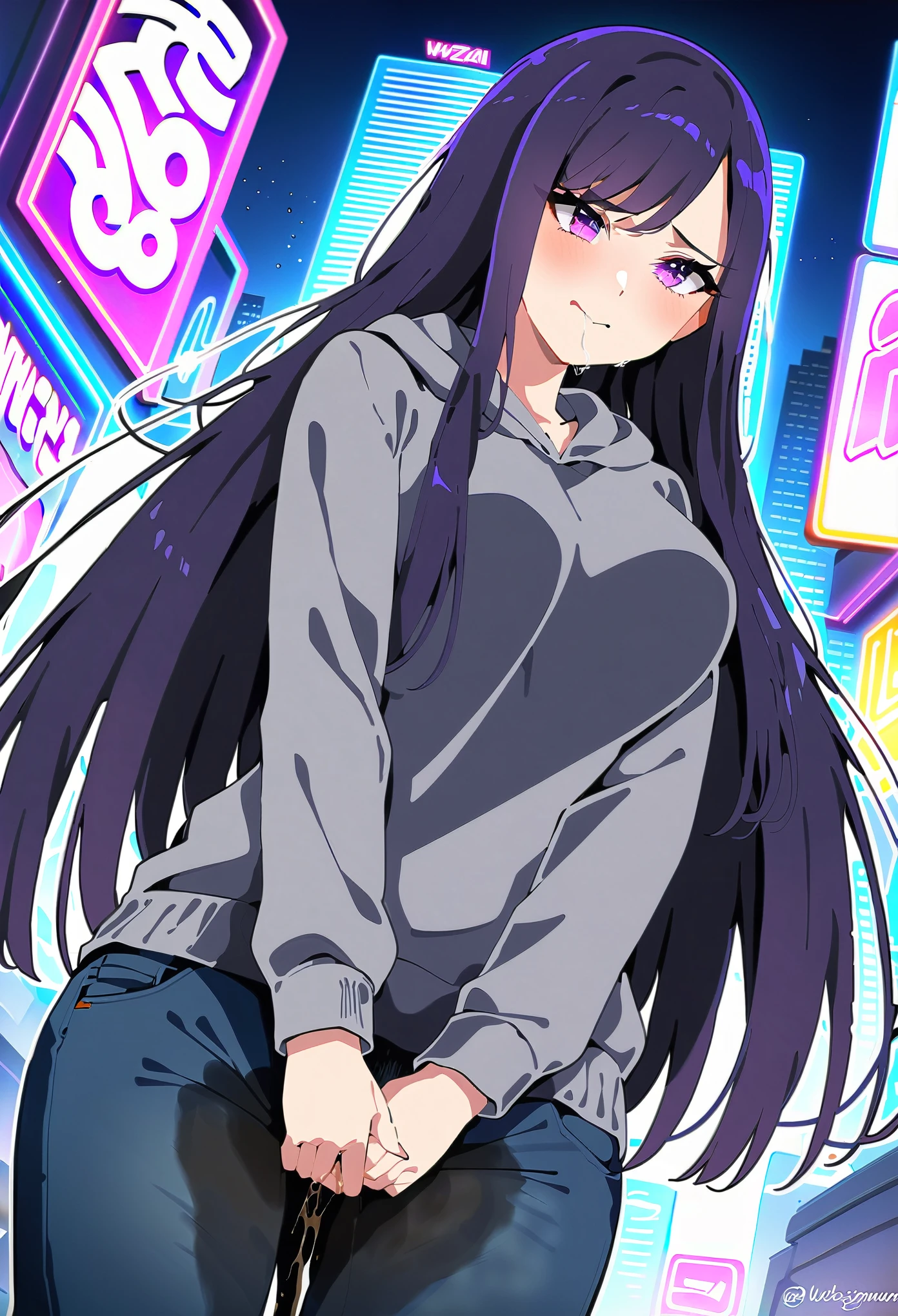 (masterpiece:1.37), best quality, (extremely detailed:1.37), woman, (mature:1.5), (adult:1.5), large breasts, very long hair, (straight hair:1.5), dark purple hair, purple eyes, (extremely detailed eyes:1.37), hoodie, jeans, desperation, (wetting self:2.0), standing, embarrassed, humiliation, blushing, angry, city, futuristic, neon lighting, high-tech, street